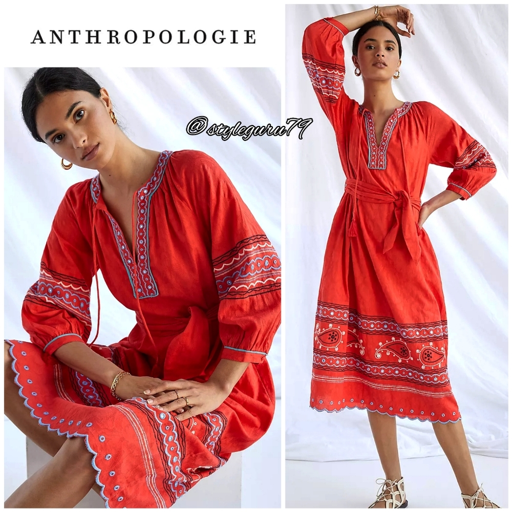 NWT, Anthropologie, Scarlet Puff-Sleeved Midi Dress